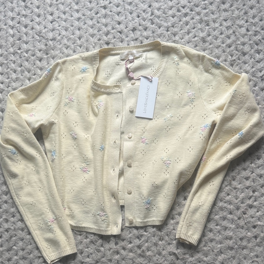 LoveShackFancy Pale Yellow Floral Embroidered Cardigan